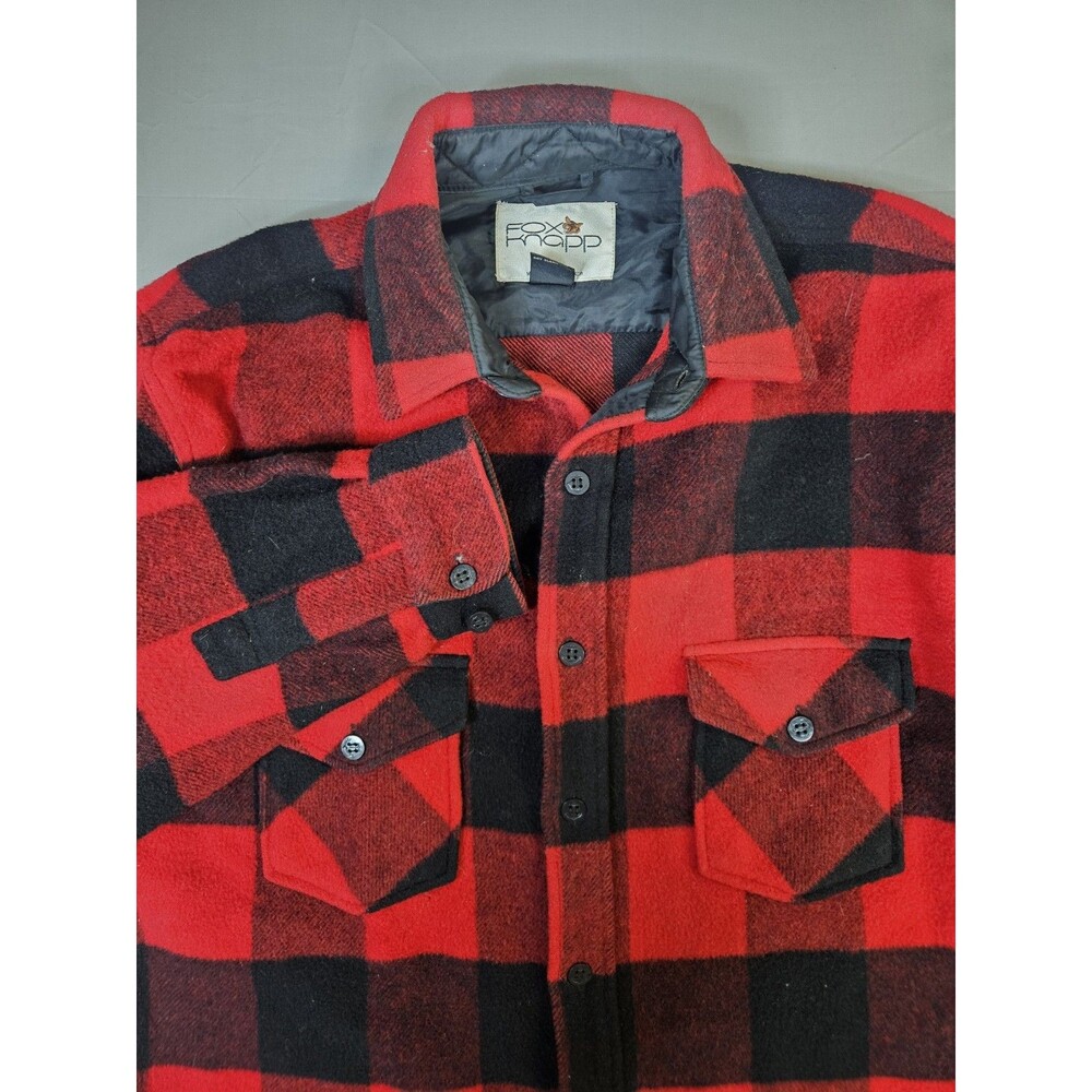 FOX KNAPP Shirt Men Large Red Buffalo Plaid Wool Flannel Shacket Vintage Hunting